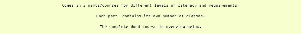 Comes in 3 parts/courses for different levels of literacy and requirements. Each part contains its own number of classes. The complete Word course in overview below.