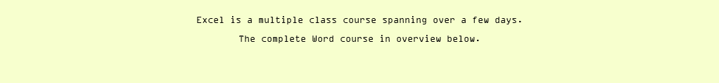 Excel is a multiple class course spanning over a few days. The complete Word course in overview below.
